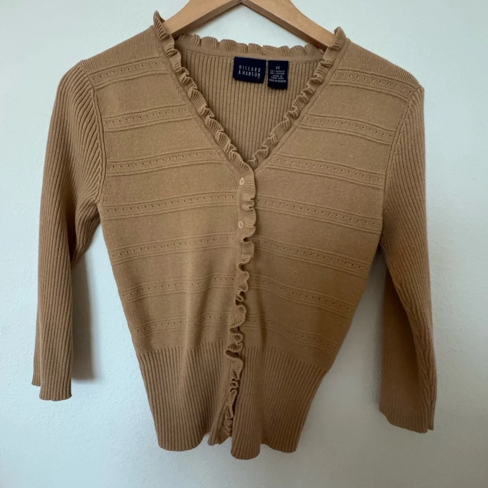 Hillard & Hanson Camel Ruffled Cardigan - Picture 1 of 8